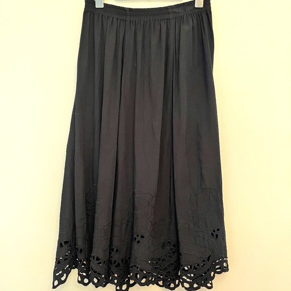 Yaya Boho Embroidered Black Midi Skirt with Cutwork Hem, Size Large - Picture 1 of 6